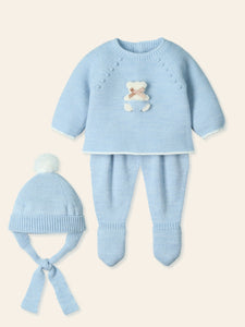 Traje Bordado Celeste Set 3 Pcs con Osito