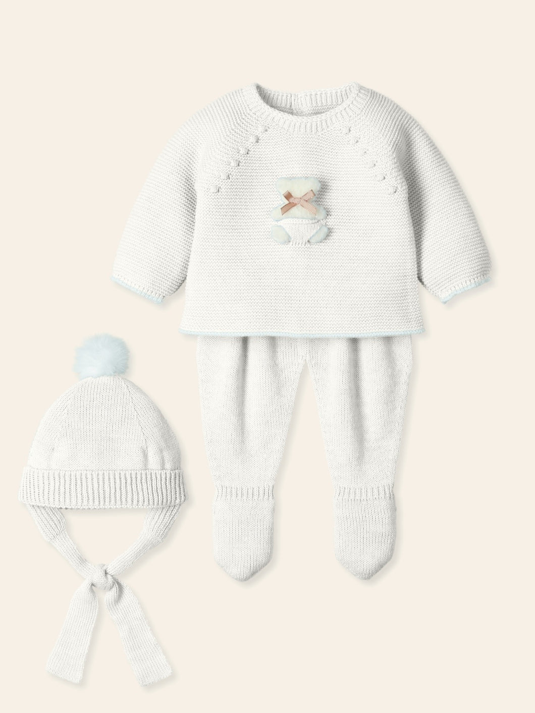 Traje Bordado Blanco Set 3 Pcs con Osito